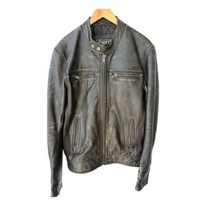 Superdry Limited Leather Jacket Mens XL Black Moto Cafe Racer